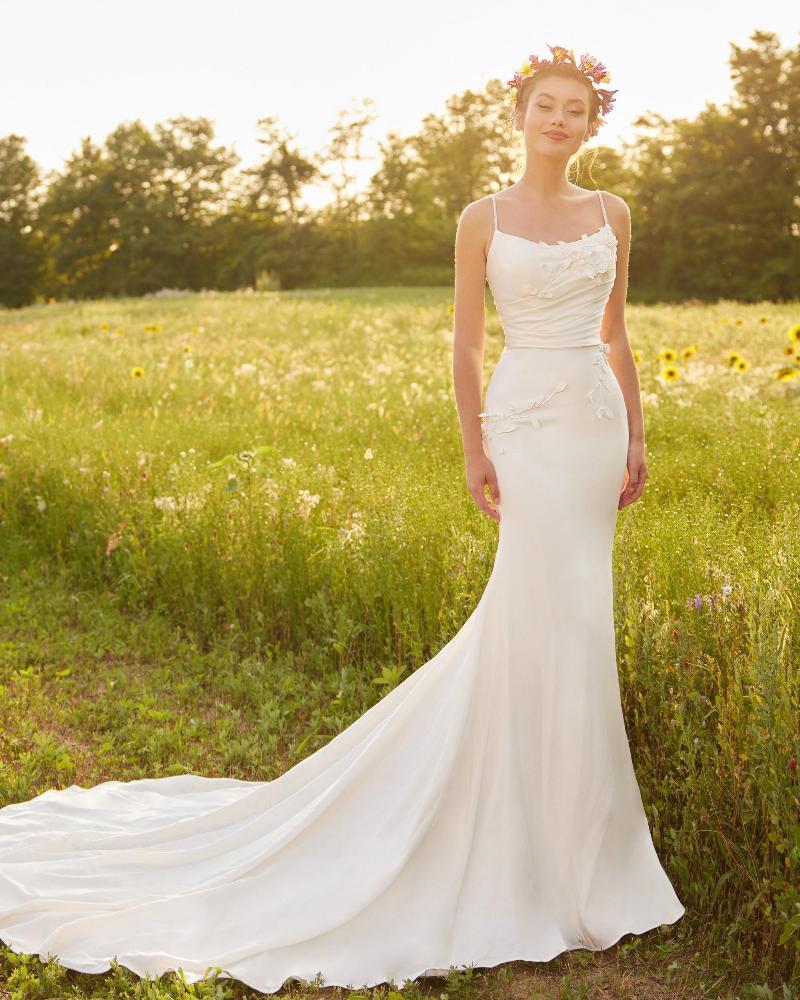 Lp2223 simple spaghetti strap wedding dress with lace and straight neckline3
